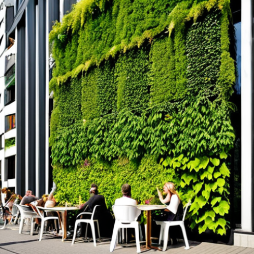 **A vibrant vertical garden covering the facade of a modern Berlin building. Lush greenery cascades down, contrasting with the clean lines of the architecture. In the foreground, people are relaxing at an outdoor cafe, enjoying the shade and enhanced air quality. The scene is bathed in warm sunlight, highlighting the positive impact of urban greening on daily life. Consider adding a detail such as a "Bienenfreundliche Stadt" (Bee-friendly City) sign.**