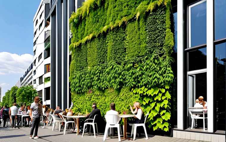**A vibrant vertical garden covering the facade of a modern Berlin building. Lush greenery cascades down, contrasting with the clean lines of the architecture. In the foreground, people are relaxing at an outdoor cafe, enjoying the shade and enhanced air quality. The scene is bathed in warm sunlight, highlighting the positive impact of urban greening on daily life. Consider adding a detail such as a "Bienenfreundliche Stadt" (Bee-friendly City) sign.**