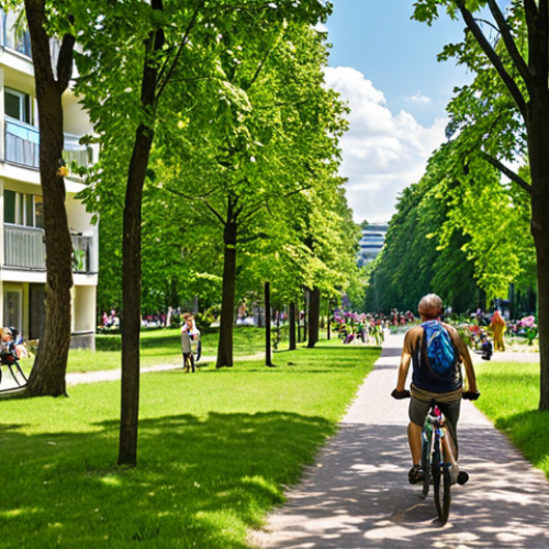 **

"A vibrant green park in the middle of Berlin, bustling with activity. Families are picnicking, children are playing, and cyclists are enjoying the paths. Mature trees provide ample shade, and colorful flowerbeds add to the beauty. In the background, modern apartment buildings are visible, showcasing the integration of nature and urban living. The sky is clear and blue, suggesting a warm summer day. The overall style is photorealistic and inviting, emphasizing the positive impact of urban green spaces on well-being in Berlin."

**