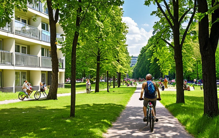 **
"A vibrant green park in the middle of Berlin, bustling with activity. Families are picnicking, children are playing, and cyclists are enjoying the paths. Mature trees provide ample shade, and colorful flowerbeds add to the beauty. In the background, modern apartment buildings are visible, showcasing the integration of nature and urban living. The sky is clear and blue, suggesting a warm summer day. The overall style is photorealistic and inviting, emphasizing the positive impact of urban green spaces on well-being in Berlin."
**