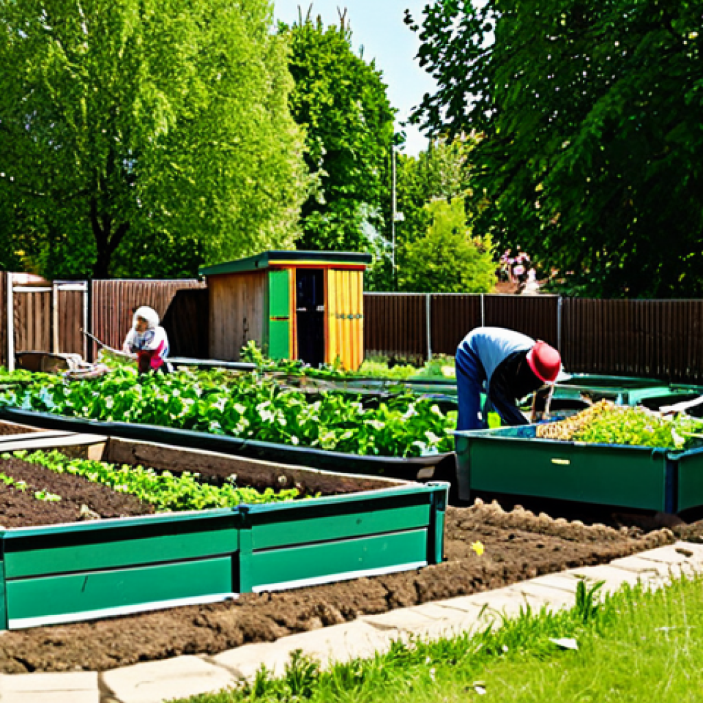 Community Garden Scene**
"A vibrant community garden in a Berlin neighborhood, with diverse people of all ages tending to vegetable plots, fully clothed in gardening attire, raised garden beds overflowing with plants, compost bins, a small tool shed, safe for work, appropriate content, perfect anatomy, natural proportions, professional photography, family-friendly atmosphere, sunny day."
**