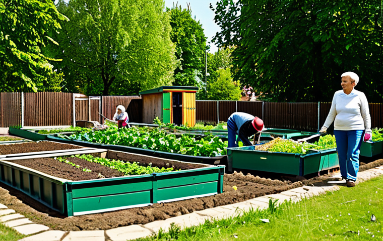 Community Garden Scene**
"A vibrant community garden in a Berlin neighborhood, with diverse people of all ages tending to vegetable plots, fully clothed in gardening attire, raised garden beds overflowing with plants, compost bins, a small tool shed, safe for work, appropriate content, perfect anatomy, natural proportions, professional photography, family-friendly atmosphere, sunny day."
**