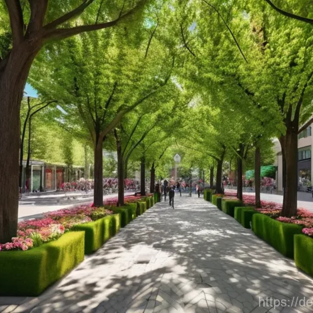 도시 녹지 공간과 생물 다양성 보존 - **Prompt:** A vibrant, bustling European city street corner transforms into a lush urban oasis. The ...