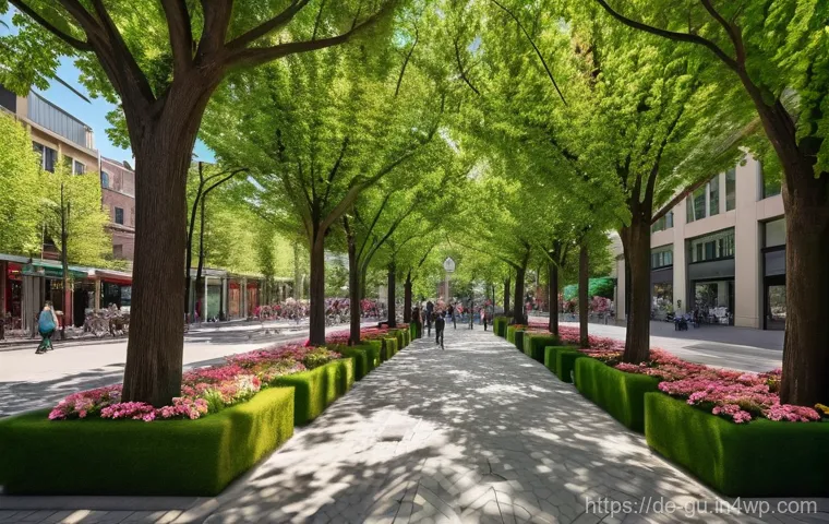 도시 녹지 공간과 생물 다양성 보존 - **Prompt:** A vibrant, bustling European city street corner transforms into a lush urban oasis. The ...