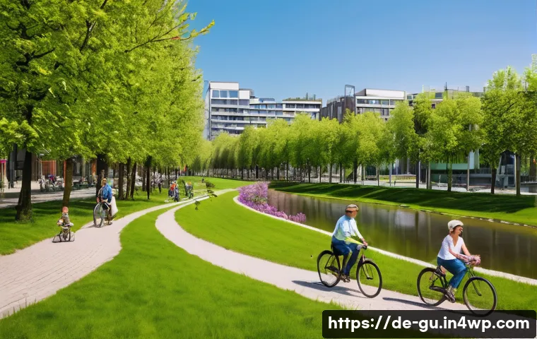 도시 녹지 공간의 연결성 증대 방안 - A vibrant German city park on a sunny day, showcasing "Die unsichtbaren Fäden" – ecological corridor...