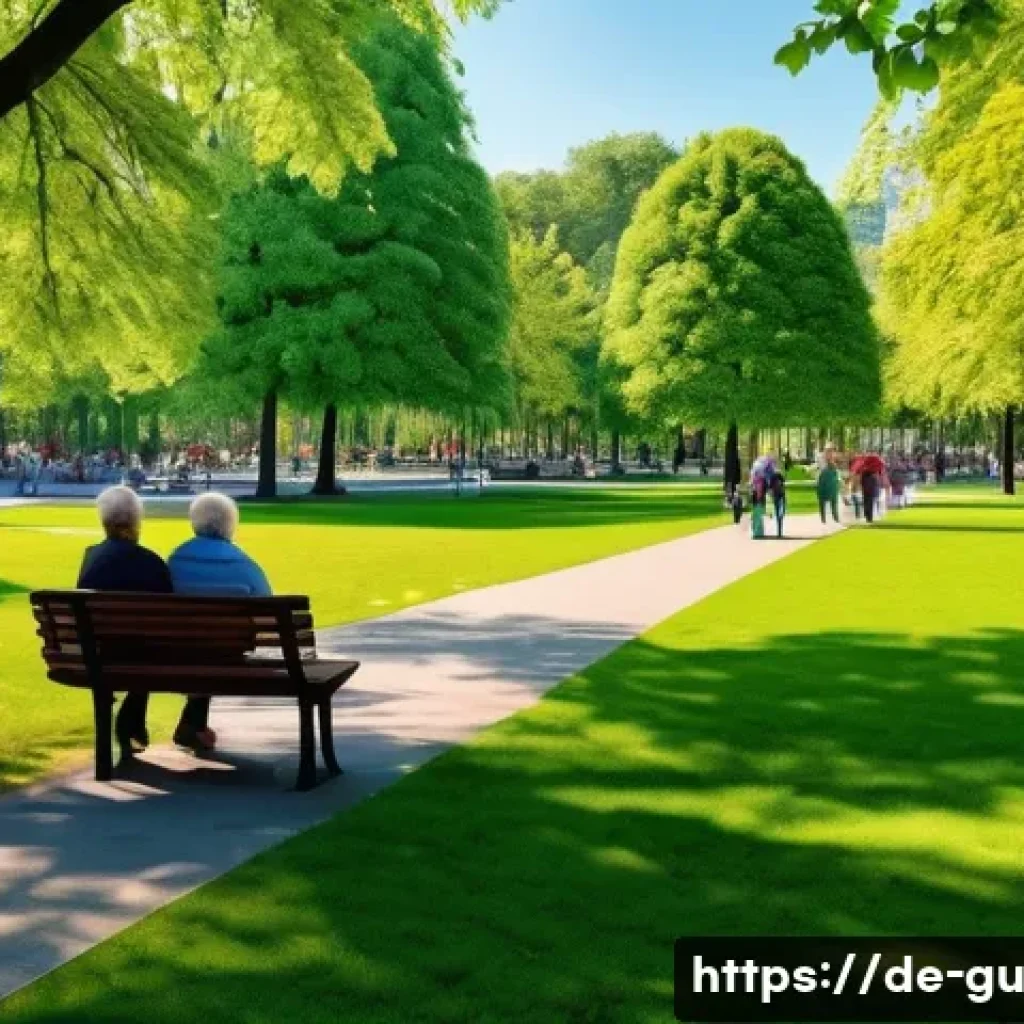 도시 녹지 공간의 접근성 문제 - A vibrant, bustling city park in a German metropolis, bathed in warm afternoon sunlight. The park is...