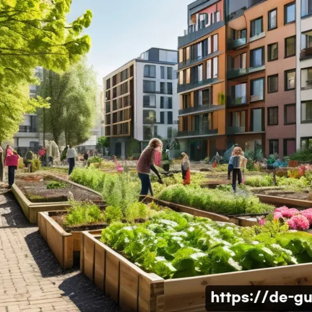 도시 녹지 확장 운동의 교육적 가치 - A vibrant urban community garden scene in a German city, showing children and adults of diverse ages...