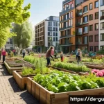 Home 22 도시 녹지 확장 운동의 교육적 가치 - A vibrant urban community garden scene in a German city, showing children and adults of diverse ages...
