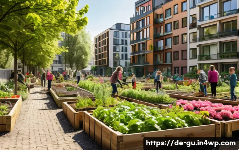 도시 녹지 확장 운동의 교육적 가치 - A vibrant urban community garden scene in a German city, showing children and adults of diverse ages...
