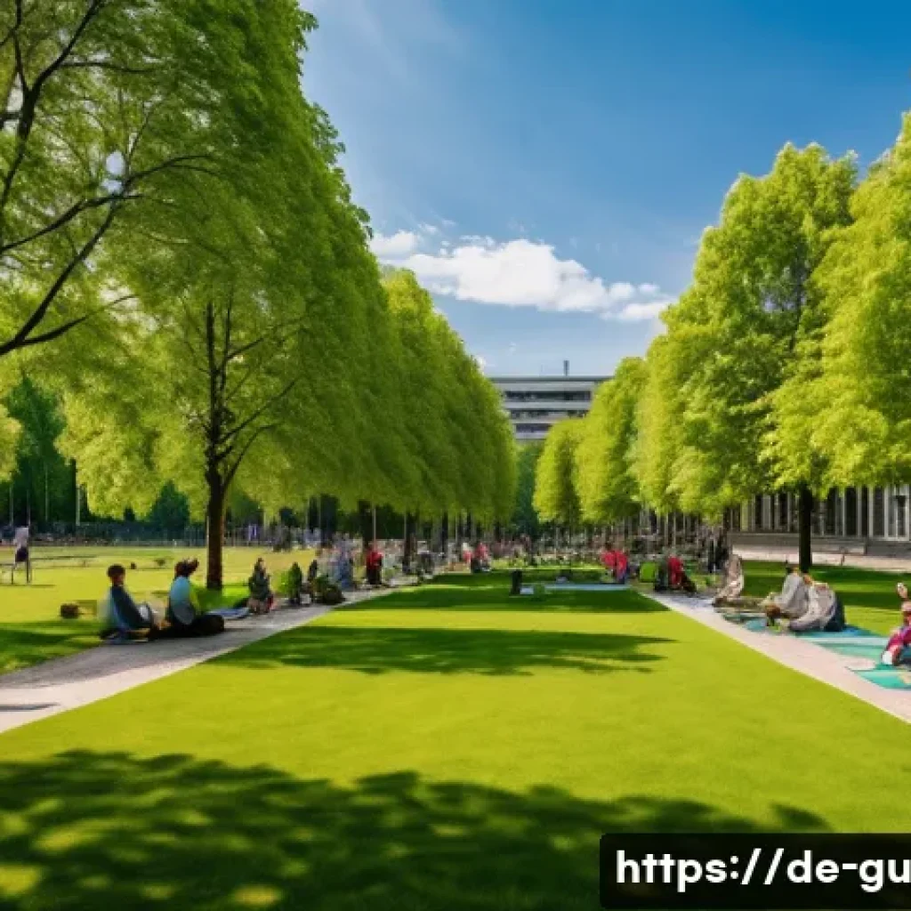 도시 녹지 공간의 이점 - A vibrant urban park scene in a multicultural Berlin neighborhood during late spring, featuring dive...