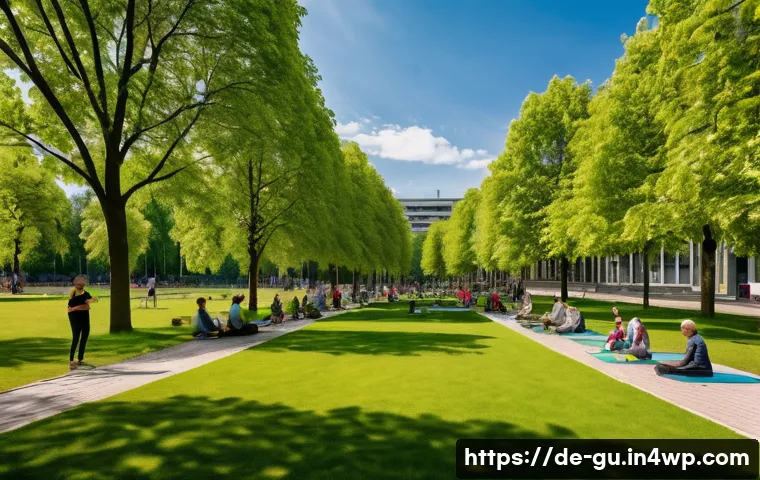 도시 녹지 공간의 이점 - A vibrant urban park scene in a multicultural Berlin neighborhood during late spring, featuring dive...