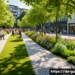 Home 19 도시 녹지와 지속 가능한 교통 - A vibrant small urban park in a densely populated German neighborhood during summer, featuring lush ...