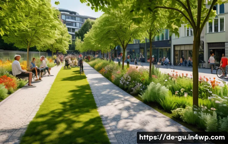 도시 녹지와 지속 가능한 교통 - A vibrant small urban park in a densely populated German neighborhood during summer, featuring lush ...