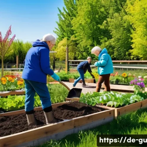 Home 17 도시 녹지 확장을 위한 커뮤니티 참여 - A vibrant urban community garden in a German neighborhood during springtime, diverse group of reside...