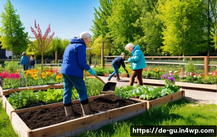 도시 녹지 확장을 위한 커뮤니티 참여 - A vibrant urban community garden in a German neighborhood during springtime, diverse group of reside...