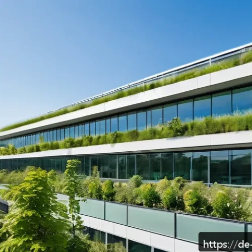 도시 녹지와 기업의 사회적 책임 - A modern urban office building featuring extensive green rooftop gardens and vertical green walls, w...