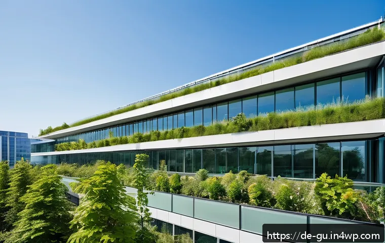 도시 녹지와 기업의 사회적 책임 - A modern urban office building featuring extensive green rooftop gardens and vertical green walls, w...