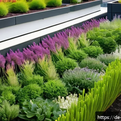 도시 녹지 공간의 시각적 요소 - A vibrant urban rooftop garden in Hamburg featuring a variety of drought-resistant plants such as la...
