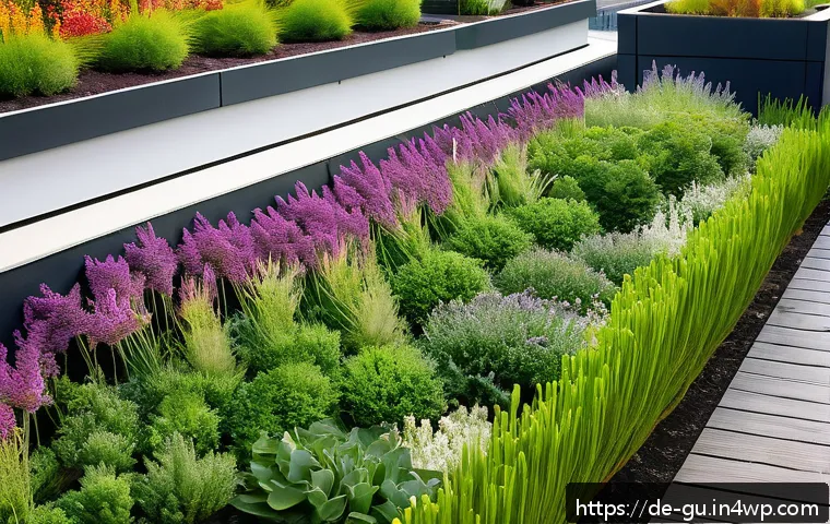 도시 녹지 공간의 시각적 요소 - A vibrant urban rooftop garden in Hamburg featuring a variety of drought-resistant plants such as la...