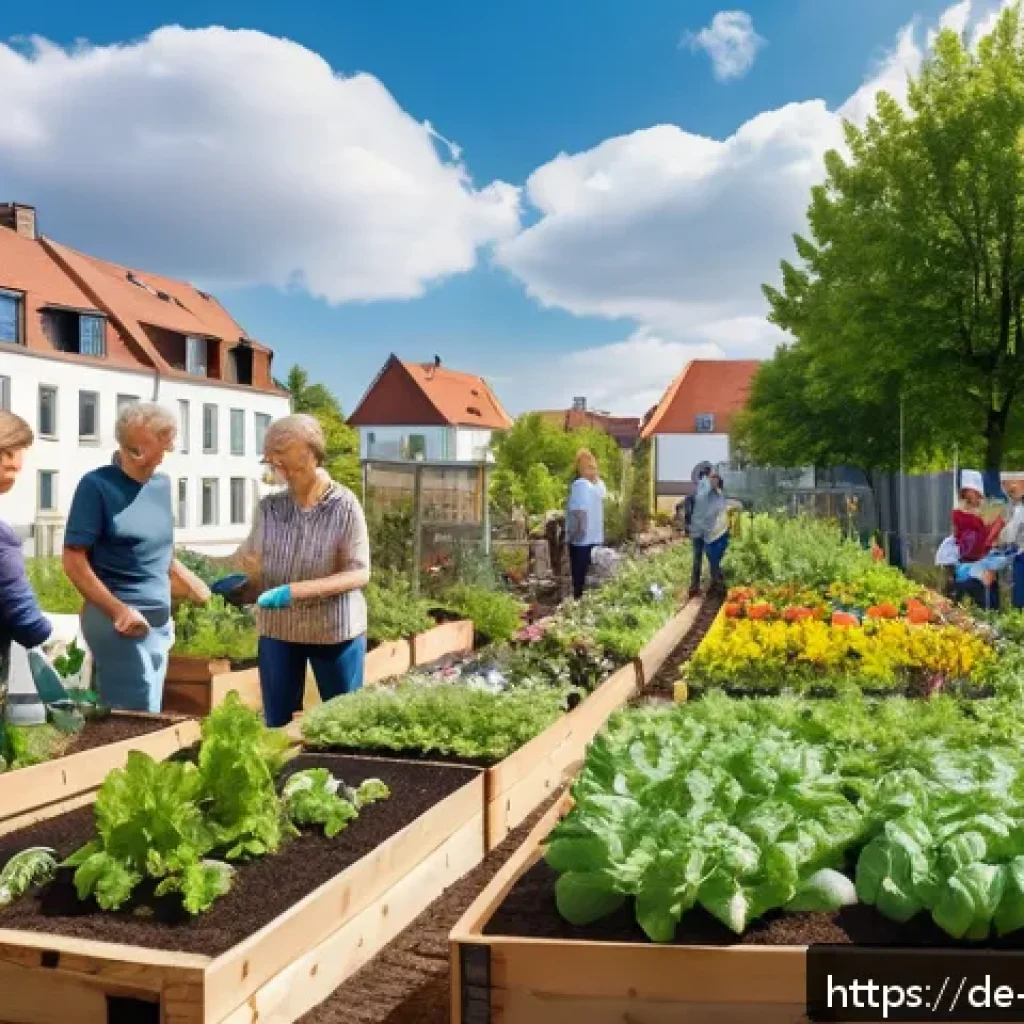 녹지 공간 증대를 위한 지역 주민의 역할 - A vibrant urban community garden scene in a German neighborhood during spring, showing diverse peopl...