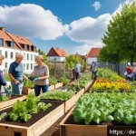 녹지 공간 증대를 위한 지역 주민의 역할 - A vibrant urban community garden scene in a German neighborhood during spring, showing diverse peopl...