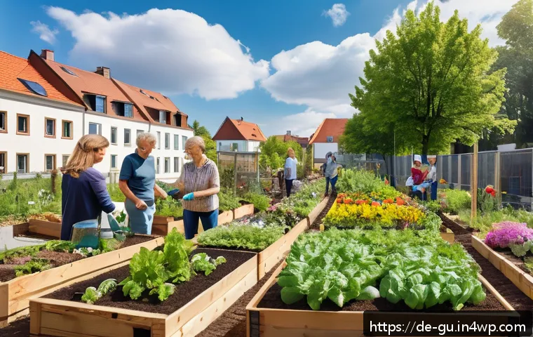 녹지 공간 증대를 위한 지역 주민의 역할 - A vibrant urban community garden scene in a German neighborhood during spring, showing diverse peopl...