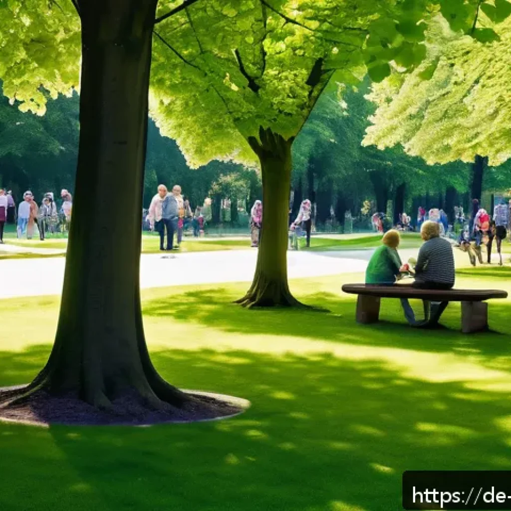 도시 녹지 확장 운동의 성과 분석 - A vibrant urban park in a German city during a warm summer day, featuring a diverse variety of trees...