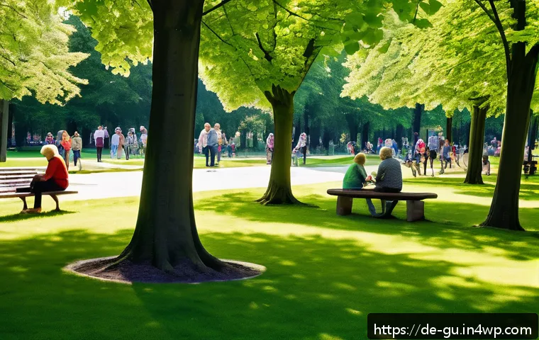 도시 녹지 확장 운동의 성과 분석 - A vibrant urban park in a German city during a warm summer day, featuring a diverse variety of trees...