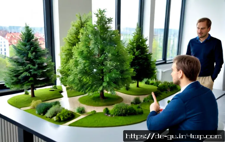 도시 녹지 확장 운동에 대한 연구 동향 - Photorealistic urban green expansion research scene in a modern German city, diverse urban planners ...