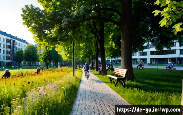 도시 녹지 공간과 공공의 이익 - Photorealistic wide-angle view of a thoughtfully designed urban green space in a German city, mature...