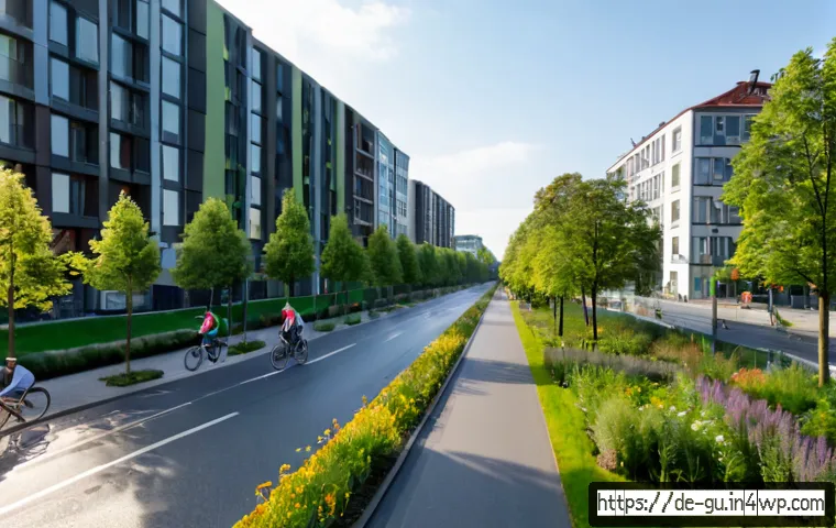 도시 녹지 확장과 기후 변화 대응 - Photorealistic wide-angle view of a German city boulevard transformed with mature shade trees, rain ...