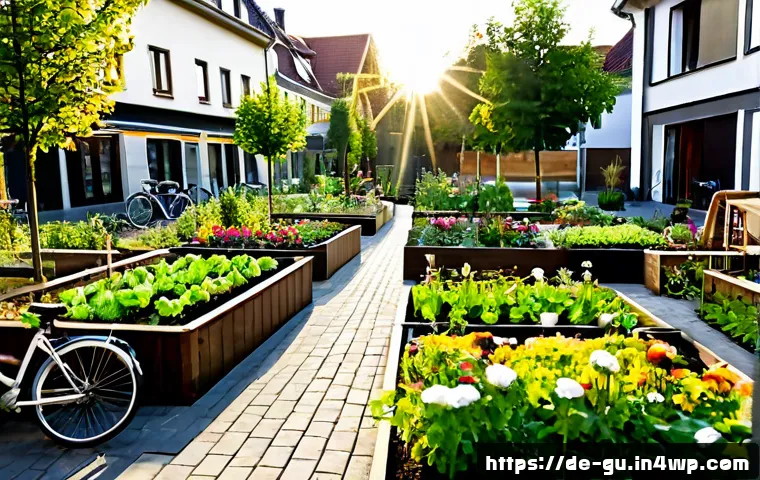 Home 17 도시 녹지 공간의 창의적 활용 방법 - Photorealistic revitalized urban courtyard in a German residential neighborhood, raised vegetable be...